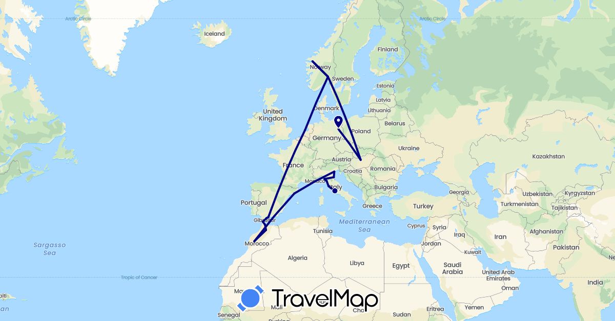 TravelMap itinerary: driving in Germany, Spain, Hungary, Italy, Morocco, Netherlands, Norway (Africa, Europe)